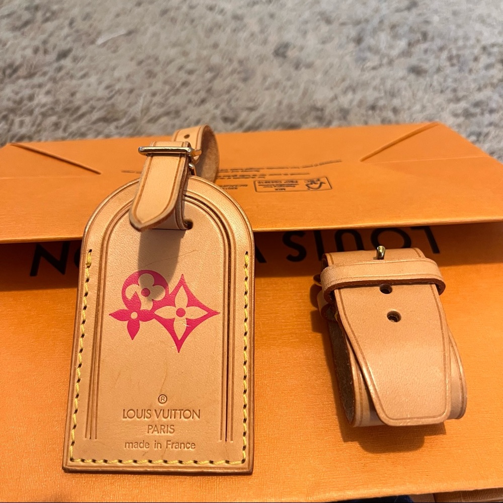 Authentic Louis Vuitton Stamped Luggage Tag and Loop Set